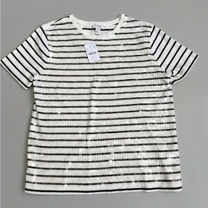 NWT J. Crew Sequin Striped T-Shirt Size S Ivory Navy Nautical Short Sleeve Summe